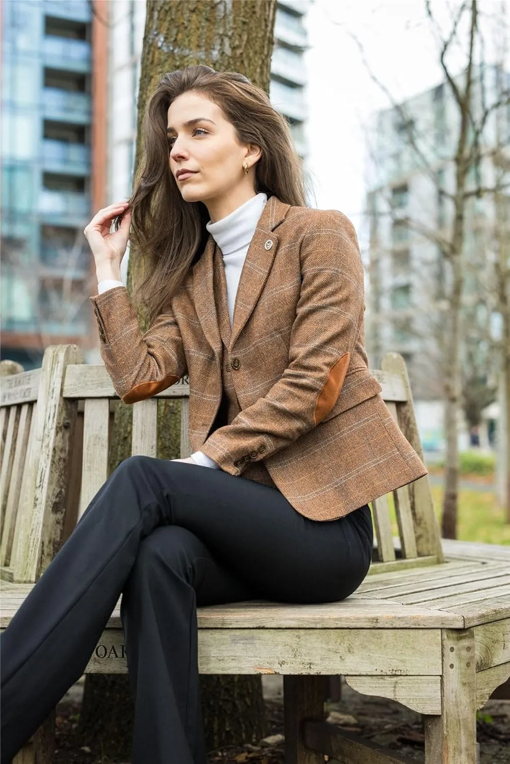 Women's Blazer Wool Blend Tweed Herringbone Checkered Tailored Fit Ladies Country Jacket