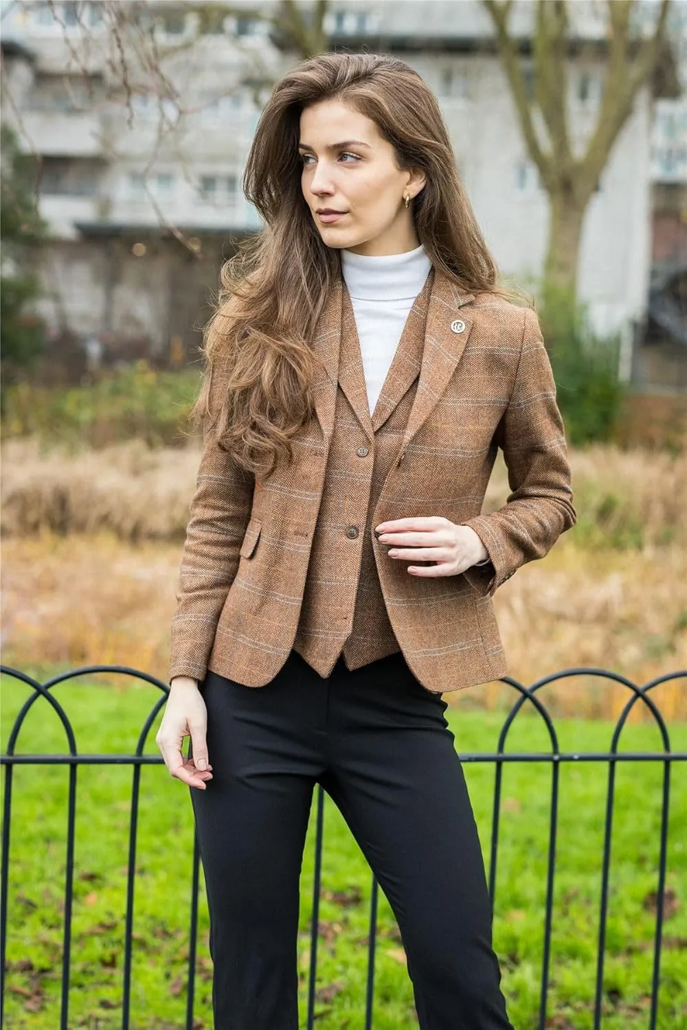 Women's Blazer Wool Blend Tweed Herringbone Checkered Tailored Fit Ladies Country Jacket