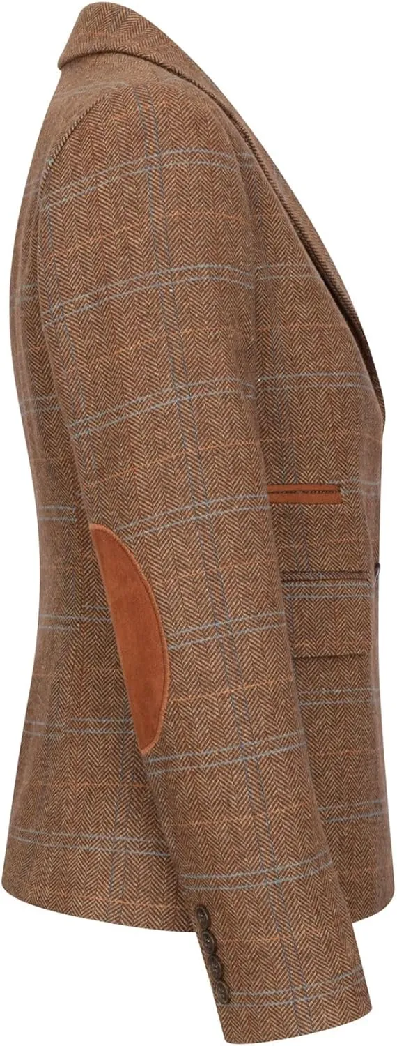 Women's Blazer Wool Blend Tweed Herringbone Checkered Tailored Fit Ladies Country Jacket