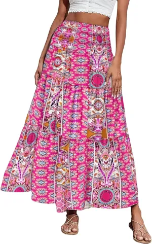 Women's Boho Floral Maxi Skirt Casual Elastic High Waist Maxi Skirts Vintage Flowy Beach Long Beach Vacation Dress