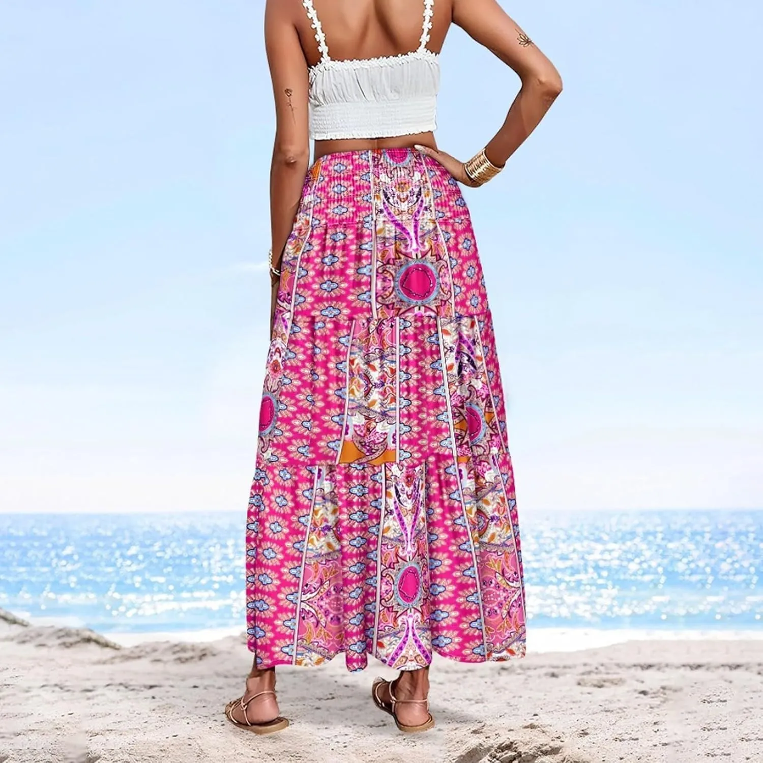 Women's Boho Floral Maxi Skirt Casual Elastic High Waist Maxi Skirts Vintage Flowy Beach Long Beach Vacation Dress