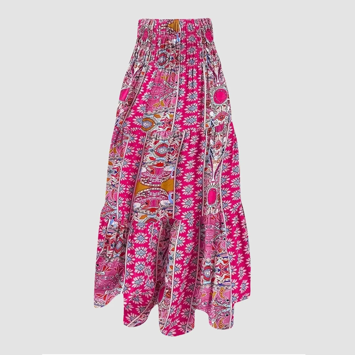 Women's Boho Floral Maxi Skirt Casual Elastic High Waist Maxi Skirts Vintage Flowy Beach Long Beach Vacation Dress