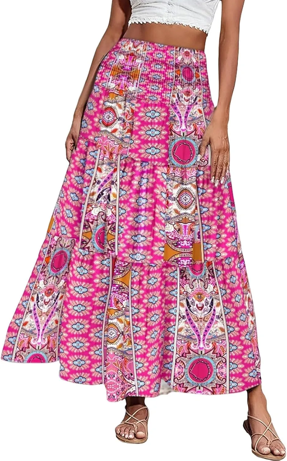Women's Boho Floral Maxi Skirt Casual Elastic High Waist Maxi Skirts Vintage Flowy Beach Long Beach Vacation Dress