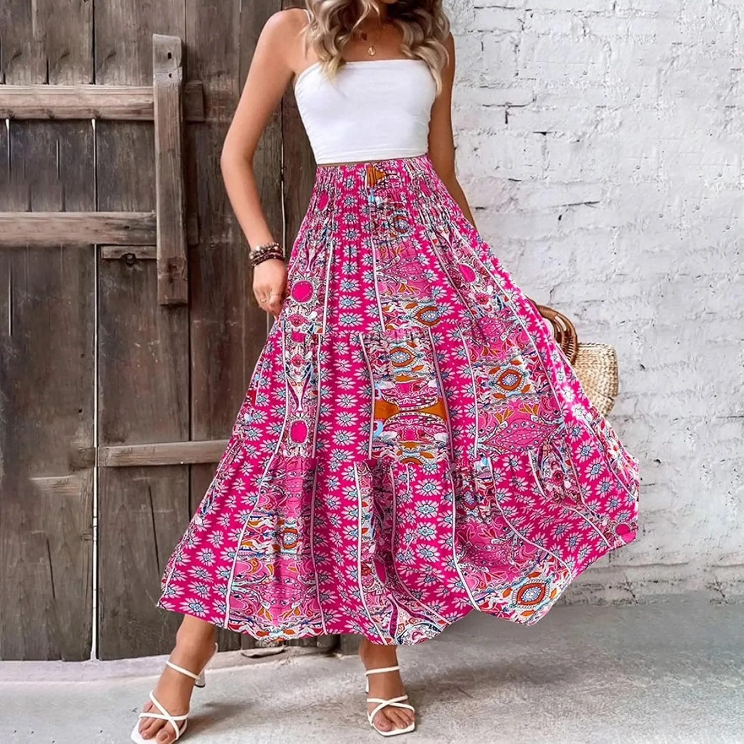 Women's Boho Floral Maxi Skirt Casual Elastic High Waist Maxi Skirts Vintage Flowy Beach Long Beach Vacation Dress