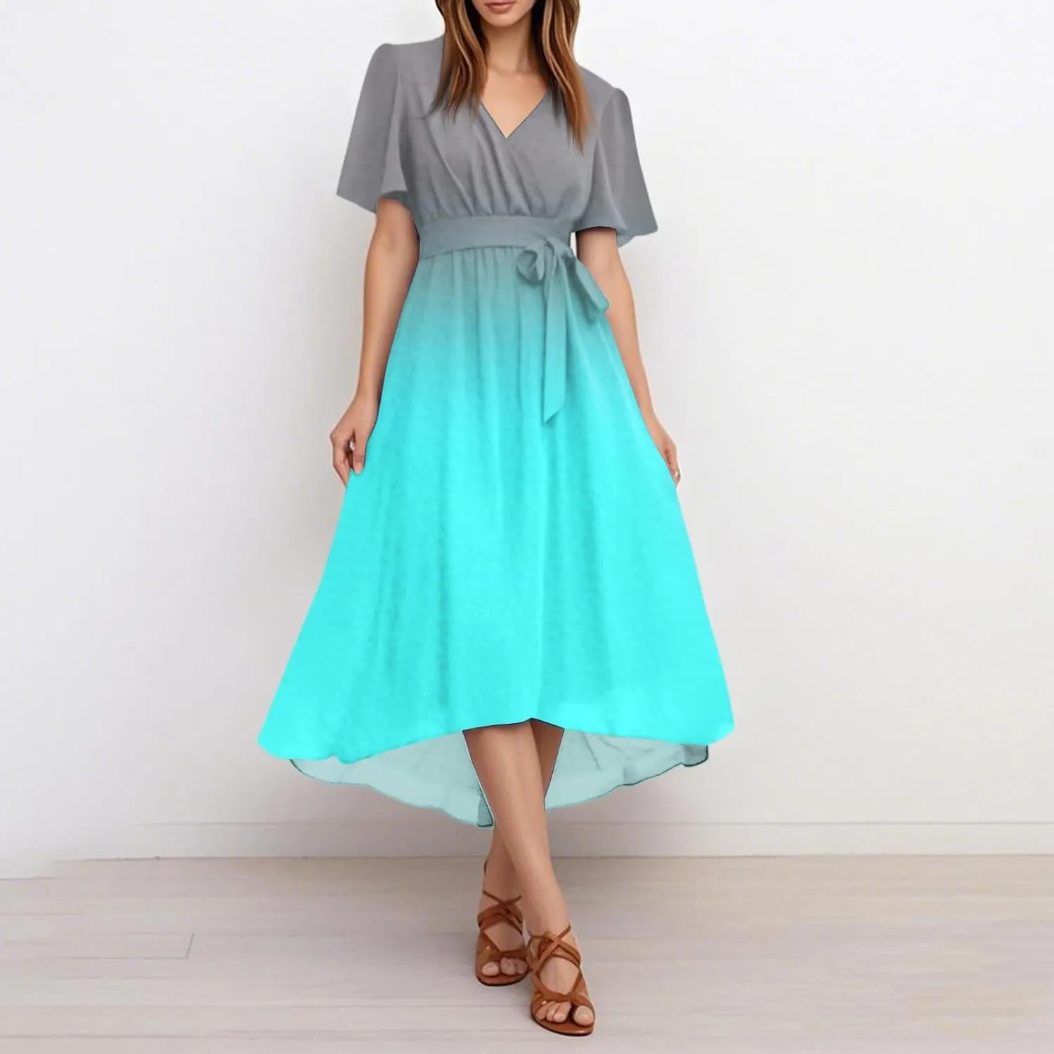 Womens Boho Floral Printed Flowy Wrap Short Sexy Dresses 2025 Elegant V Neck Belted Summer Wedding Prom Cocktail Midi Dress