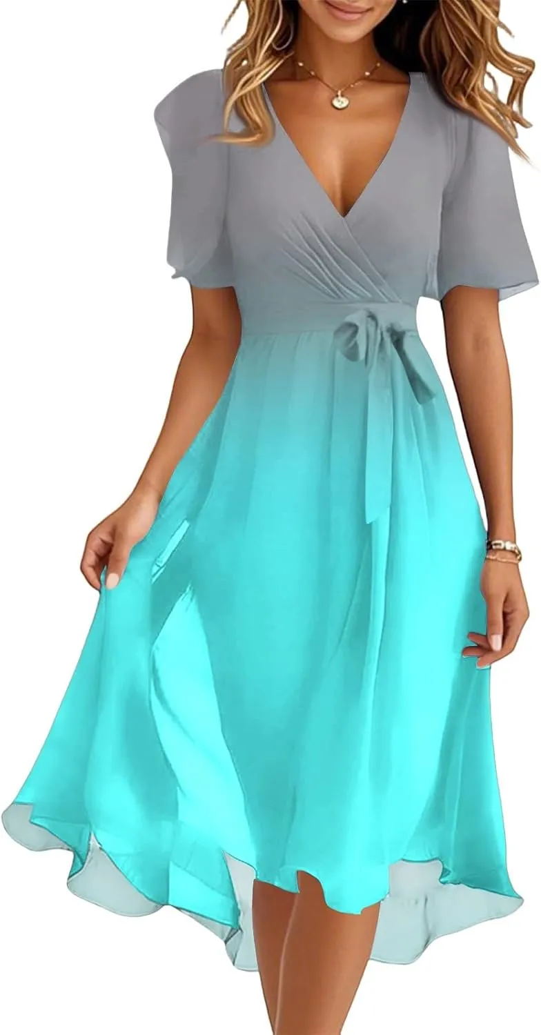 Womens Boho Floral Printed Flowy Wrap Short Sexy Dresses 2025 Elegant V Neck Belted Summer Wedding Prom Cocktail Midi Dress