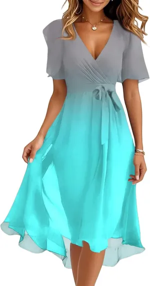 Womens Boho Floral Printed Flowy Wrap Short Sexy Dresses 2025 Elegant V Neck Belted Summer Wedding Prom Cocktail Midi Dress