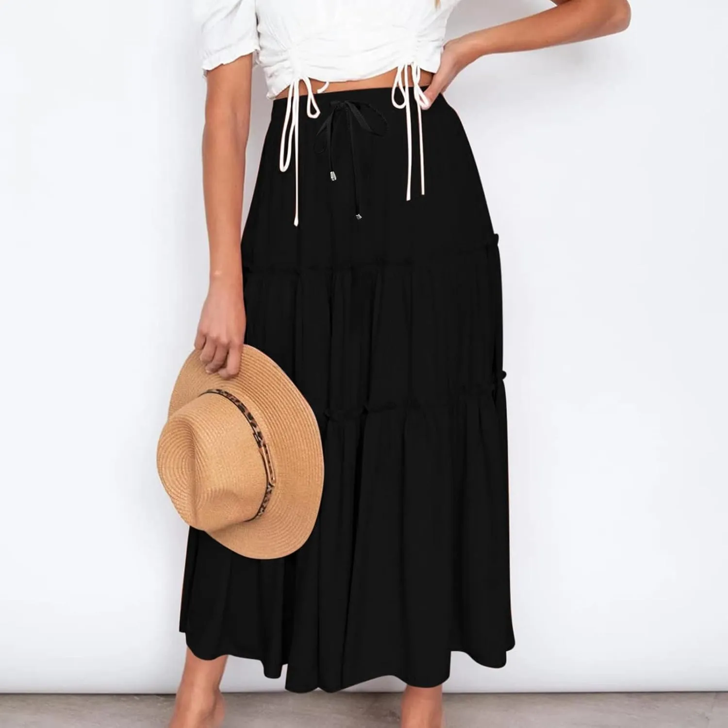 Women's Boho Long Skirts Summer Casual Ruffle Tiered Swing Beach Dress Drawstring Elastic Waist A-Line Maxi Skirt