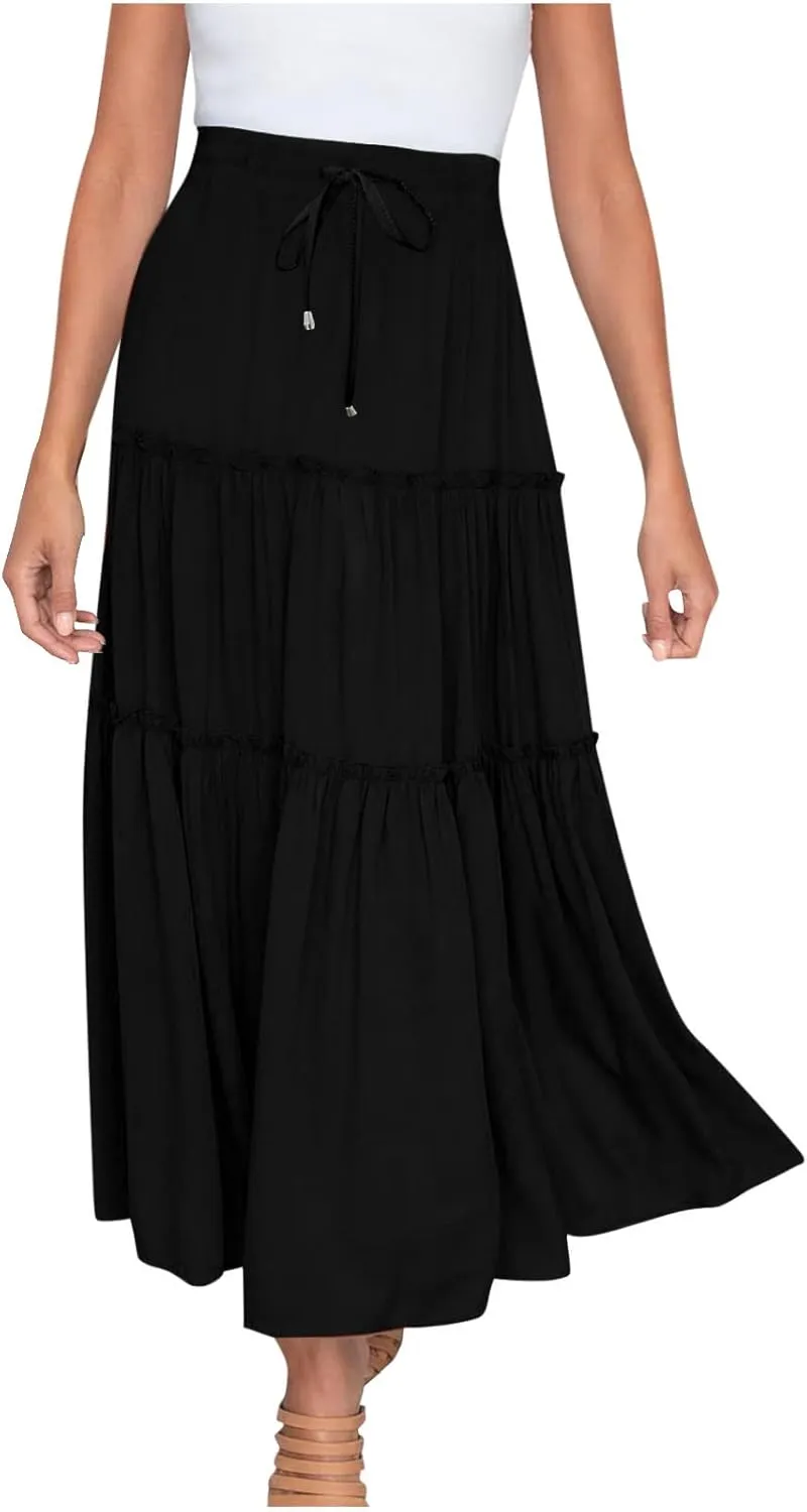 Women's Boho Long Skirts Summer Casual Ruffle Tiered Swing Beach Dress Drawstring Elastic Waist A-Line Maxi Skirt
