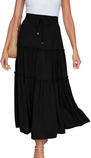 Women's Boho Long Skirts Summer Casual Ruffle Tiered Swing Beach Dress Drawstring Elastic Waist A-Line Maxi Skirt