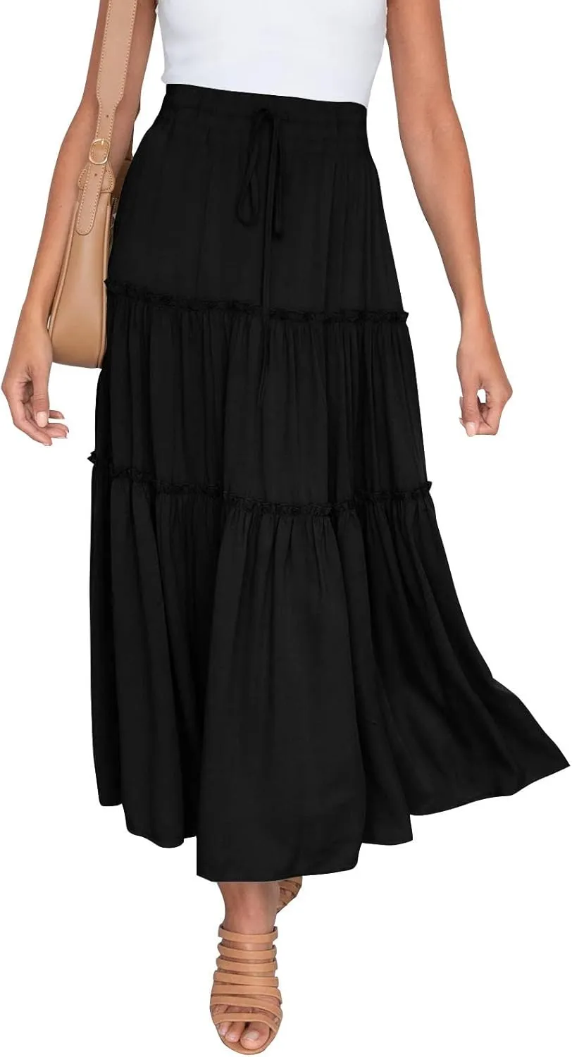 Women's Boho Long Skirts Summer Casual Ruffle Tiered Swing Beach Dress Drawstring Elastic Waist A-Line Maxi Skirt