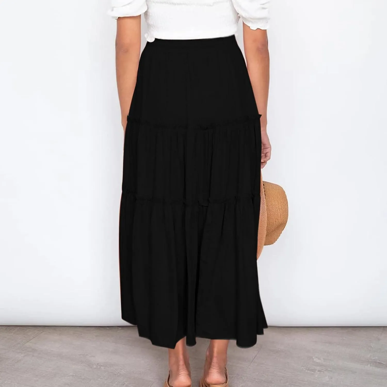 Women's Boho Long Skirts Summer Casual Ruffle Tiered Swing Beach Dress Drawstring Elastic Waist A-Line Maxi Skirt