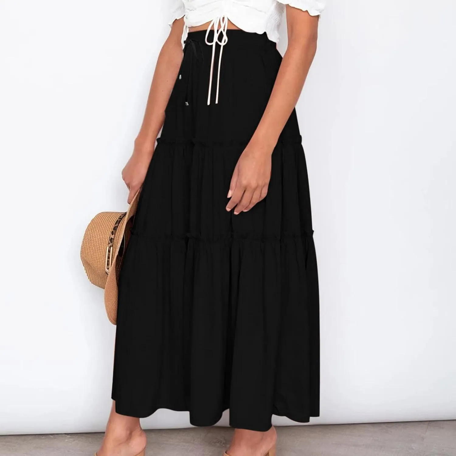 Women's Boho Long Skirts Summer Casual Ruffle Tiered Swing Beach Dress Drawstring Elastic Waist A-Line Maxi Skirt