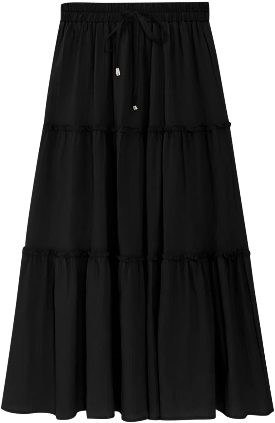 Women's Boho Long Skirts Summer Casual Ruffle Tiered Swing Beach Dress Drawstring Elastic Waist A-Line Maxi Skirt