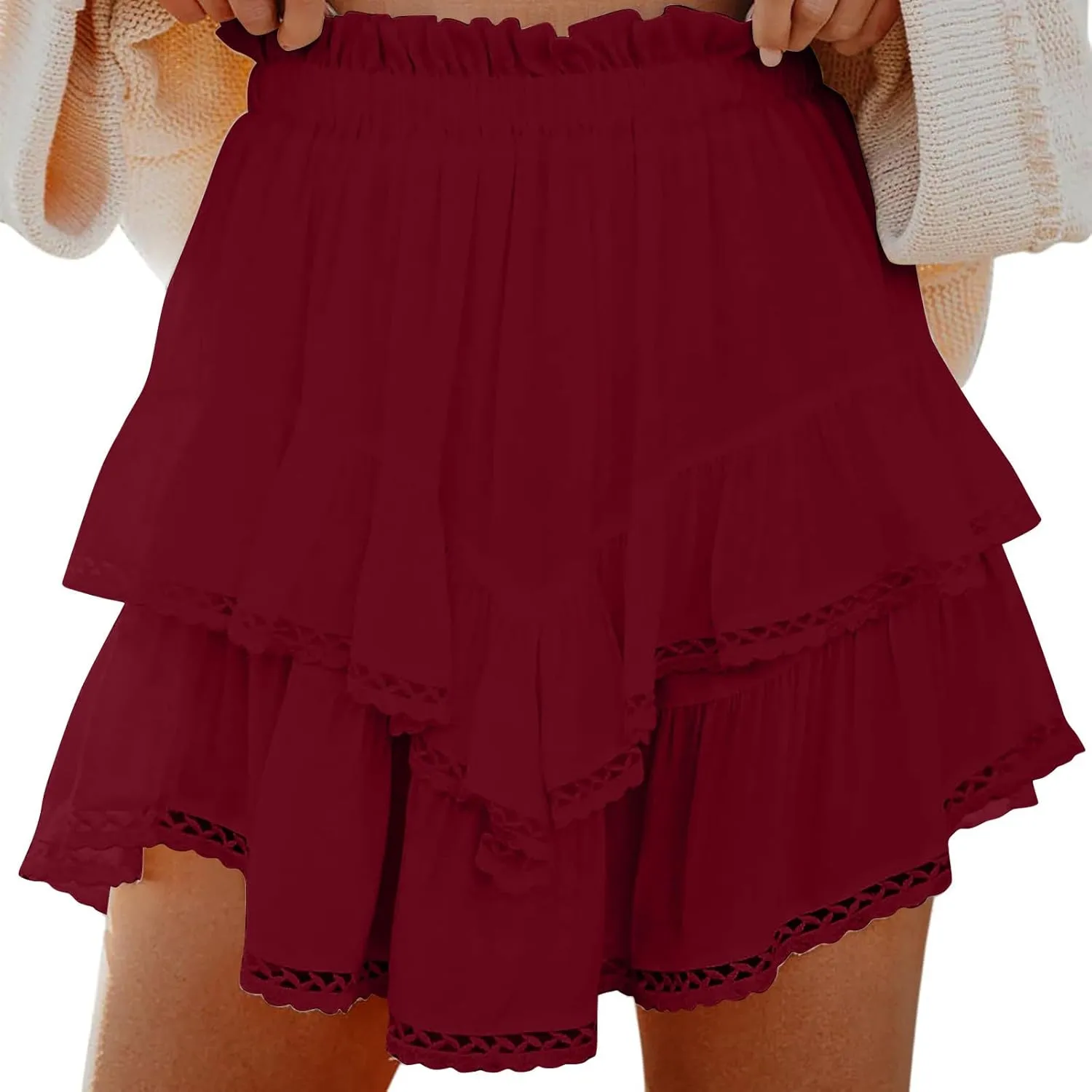 Women's Boho Ruffle Tiered Skorts Casual Fashion High Waist Pleated Skirts Solid Color Sexy Tennis Golf Skater Skort