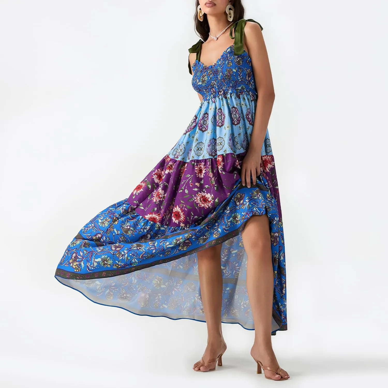 Women's Boho Tie Shoulder Dress Y2k Floral Long Flowy Maxi Dresses Cute Summer Smocked Picnic Beach Cami Sundress