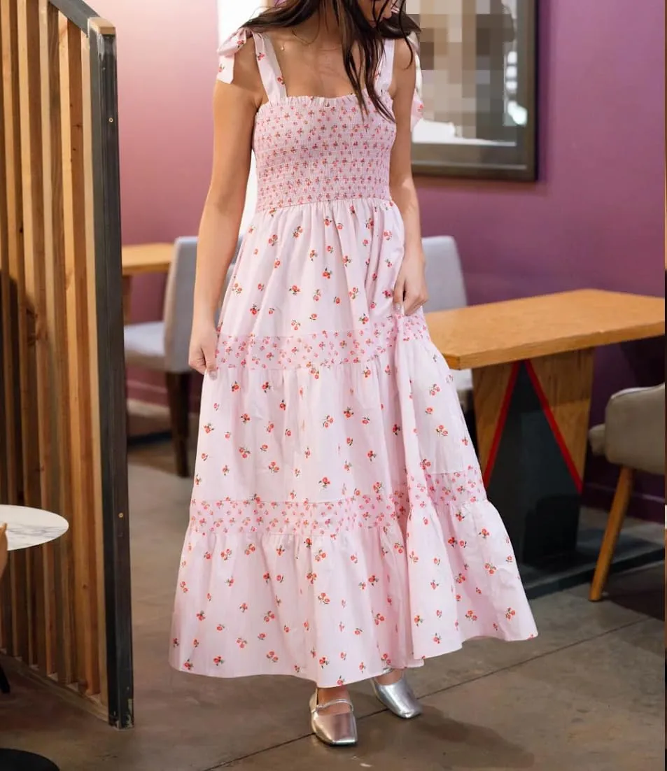Women's Boho Tie Shoulder Dress Y2k Floral Long Flowy Maxi Dresses Cute Summer Smocked Picnic Beach Cami Sundress