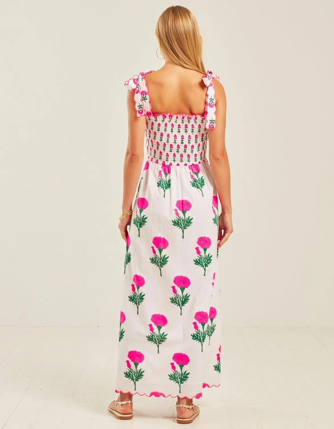 Women's Boho Tie Shoulder Dress Y2k Floral Long Flowy Maxi Dresses Cute Summer Smocked Picnic Beach Cami Sundress