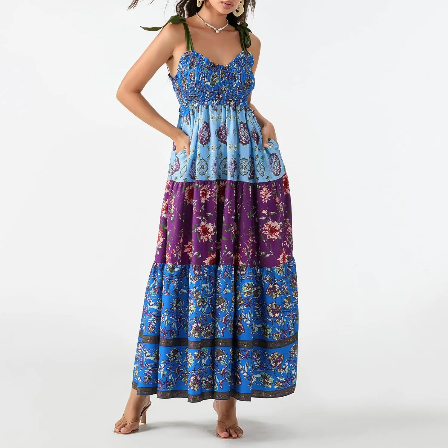 Women's Boho Tie Shoulder Dress Y2k Floral Long Flowy Maxi Dresses Cute Summer Smocked Picnic Beach Cami Sundress