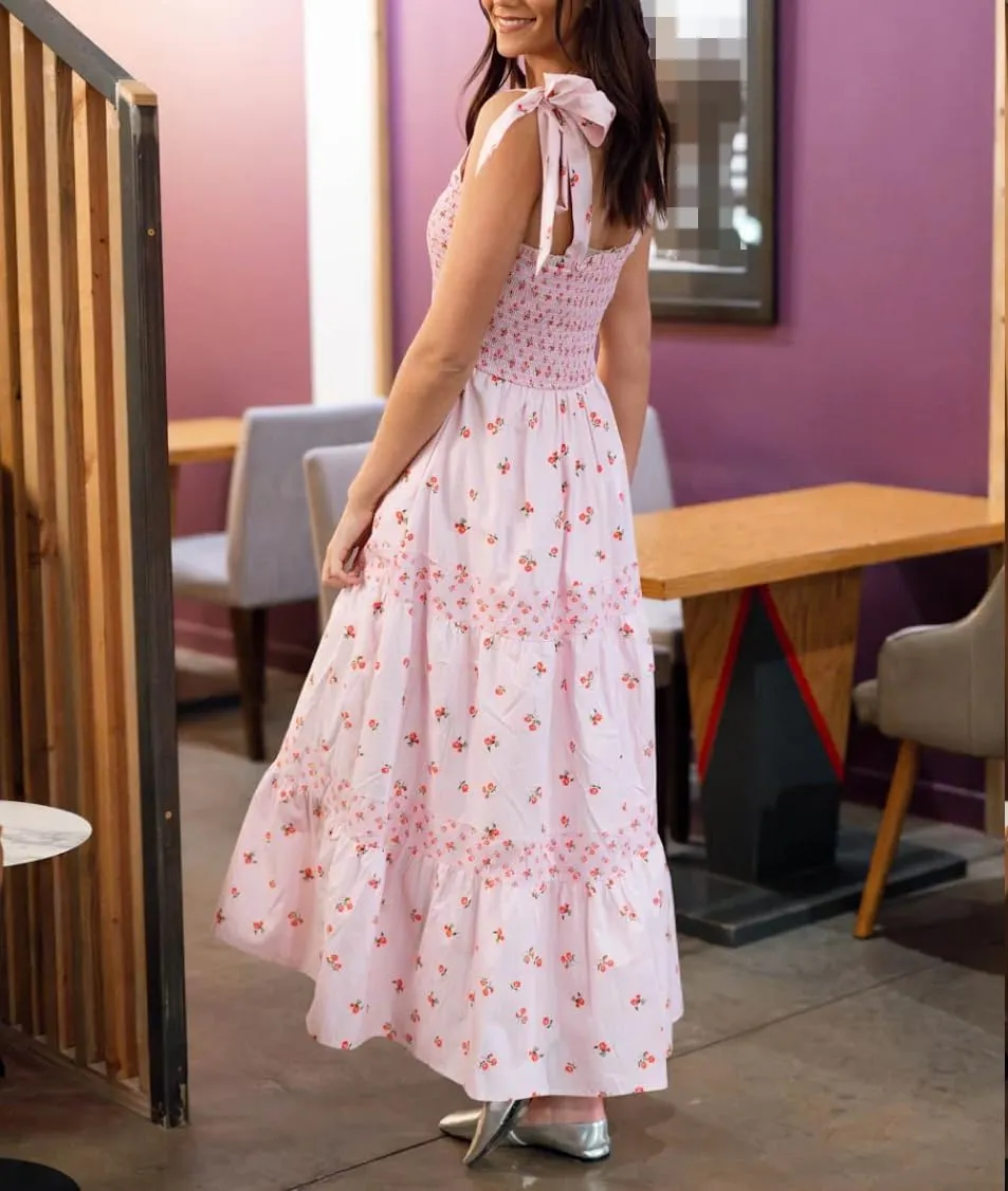 Women's Boho Tie Shoulder Dress Y2k Floral Long Flowy Maxi Dresses Cute Summer Smocked Picnic Beach Cami Sundress