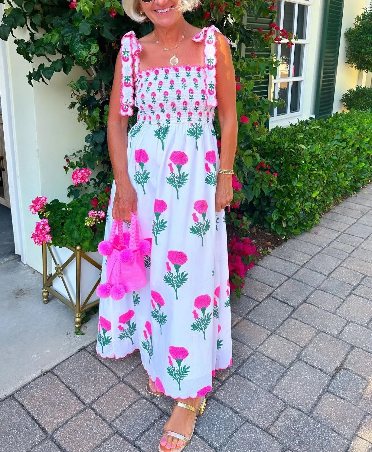 Women's Boho Tie Shoulder Dress Y2k Floral Long Flowy Maxi Dresses Cute Summer Smocked Picnic Beach Cami Sundress