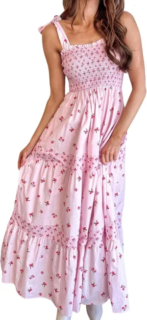 Women's Boho Tie Shoulder Dress Y2k Floral Long Flowy Maxi Dresses Cute Summer Smocked Picnic Beach Cami Sundress