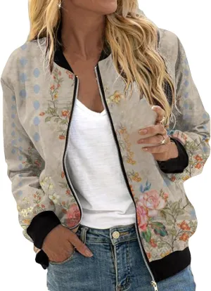 Women's Bomber Jacket 2024 Square Thin Pocket Jacket Blouse Coat Baseball Women's Casual Floral Zip Up Bomber Jacket