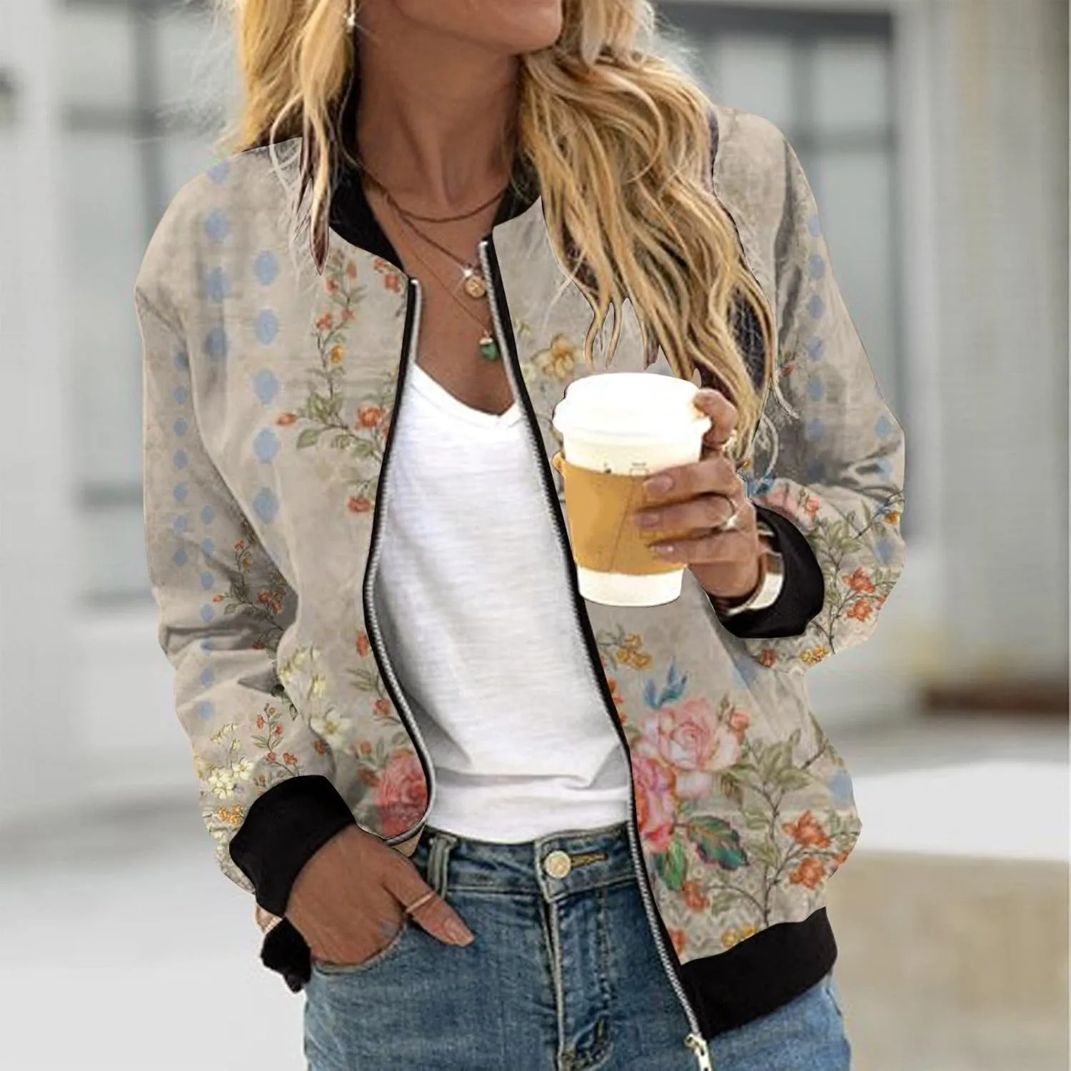 Women's Bomber Jacket 2024 Square Thin Pocket Jacket Blouse Coat Baseball Women's Casual Floral Zip Up Bomber Jacket