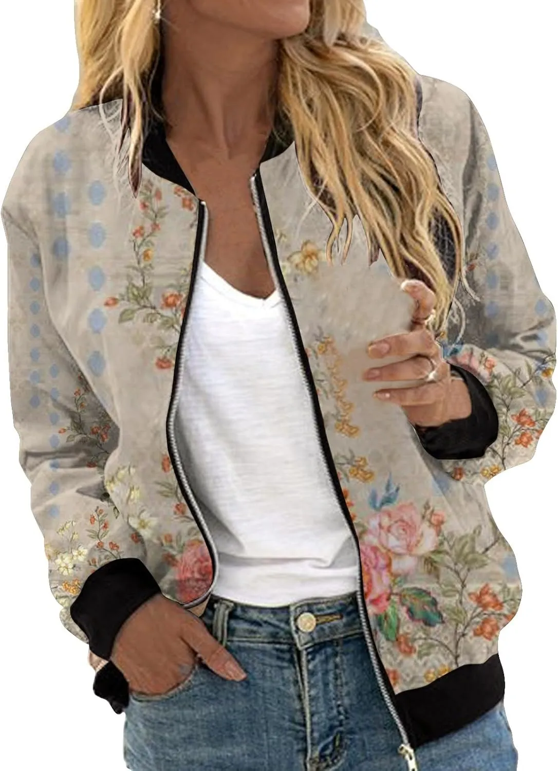 Women's Bomber Jacket 2024 Square Thin Pocket Jacket Blouse Coat Baseball Women's Casual Floral Zip Up Bomber Jacket
