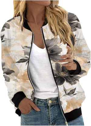 Women's Bomber Jacket Coat Stand Collar Printed Coat Stand Collar Cropped Coat Top Outerwear Windbreaker with Pockets