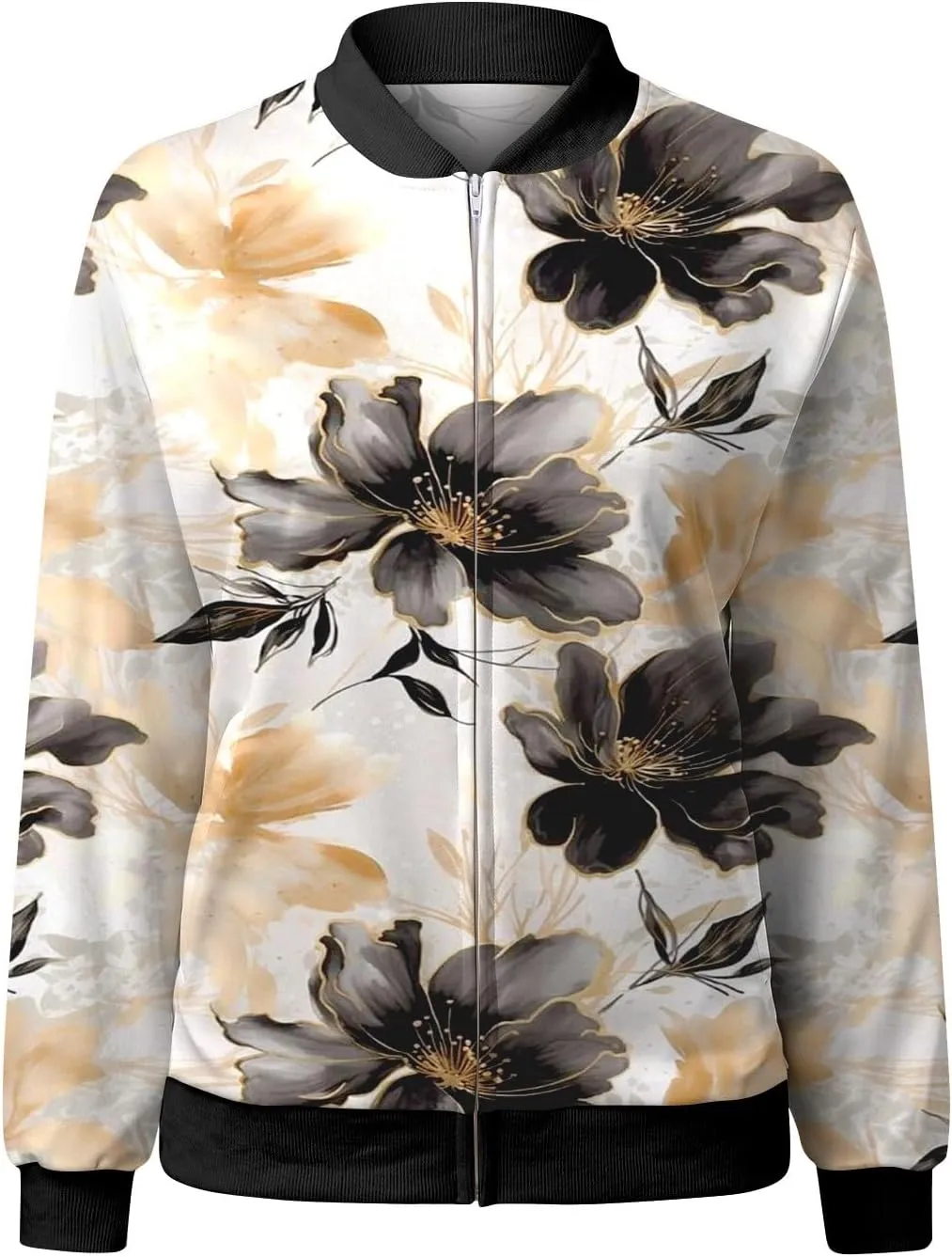 Women's Bomber Jacket Coat Stand Collar Printed Coat Stand Collar Cropped Coat Top Outerwear Windbreaker with Pockets