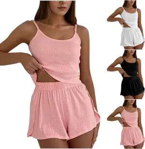 Womens Cami Pajama Sets 2 Piece Eyelet PJs Soft Lingerie Sleeveless Tank Top and Shorts Camisole Summer Lounge Set