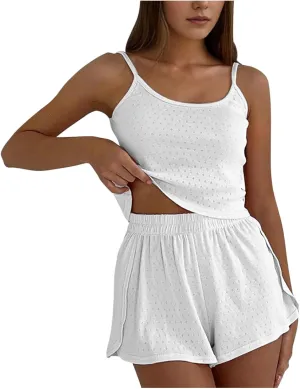 Womens Cami Pajama Sets 2 Piece Eyelet PJs Soft Lingerie Sleeveless Tank Top and Shorts Camisole Summer Lounge Set