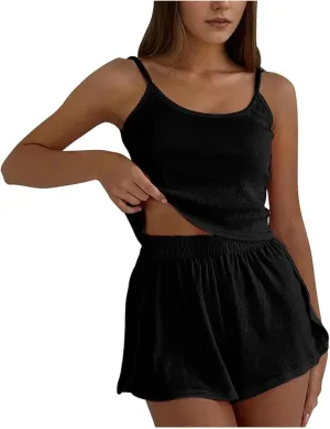 Womens Cami Pajama Sets 2 Piece Eyelet PJs Soft Lingerie Sleeveless Tank Top and Shorts Camisole Summer Lounge Set