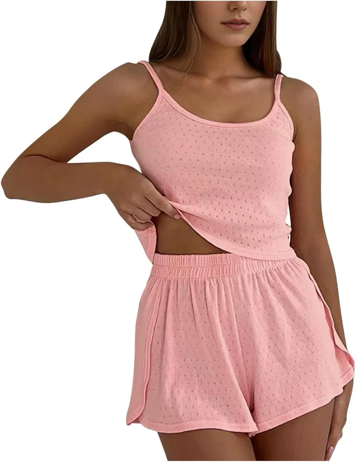 Womens Cami Pajama Sets 2 Piece Eyelet PJs Soft Lingerie Sleeveless Tank Top and Shorts Camisole Summer Lounge Set