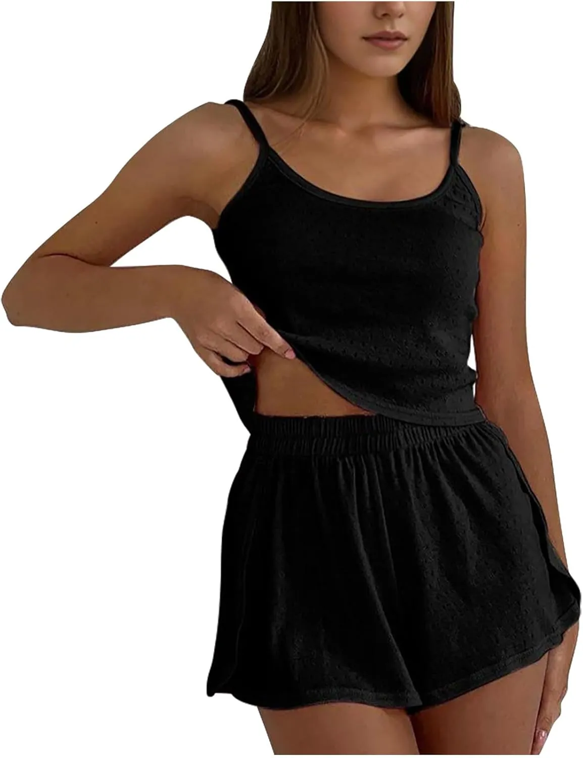 Womens Cami Pajama Sets 2 Piece Eyelet PJs Soft Lingerie Sleeveless Tank Top and Shorts Camisole Summer Lounge Set