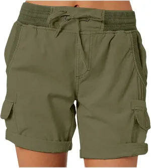 Womens Cargo Shorts Summer Casual High Waisted Casual Chino Hiking Shorts Pull On Drawstring Beach Loost Fit Short