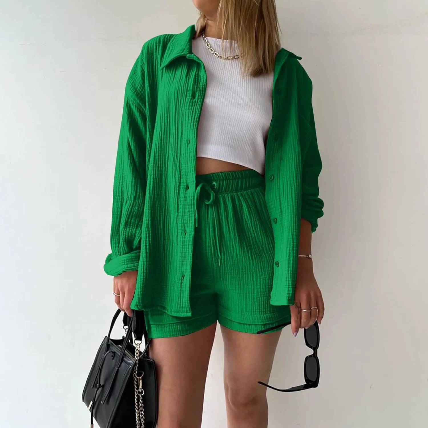 Women's Casual 2 Piece Outfit -Linen Long Sleeve Button Shirts Matching High Waist Drawstring Shorts Sets, S-2XL