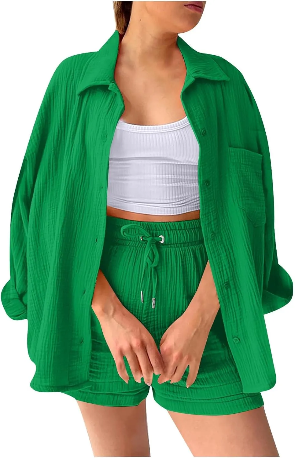 Women's Casual 2 Piece Outfit -Linen Long Sleeve Button Shirts Matching High Waist Drawstring Shorts Sets, S-2XL