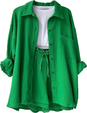 Women's Casual 2 Piece Outfit -Linen Long Sleeve Button Shirts Matching High Waist Drawstring Shorts Sets, S-2XL