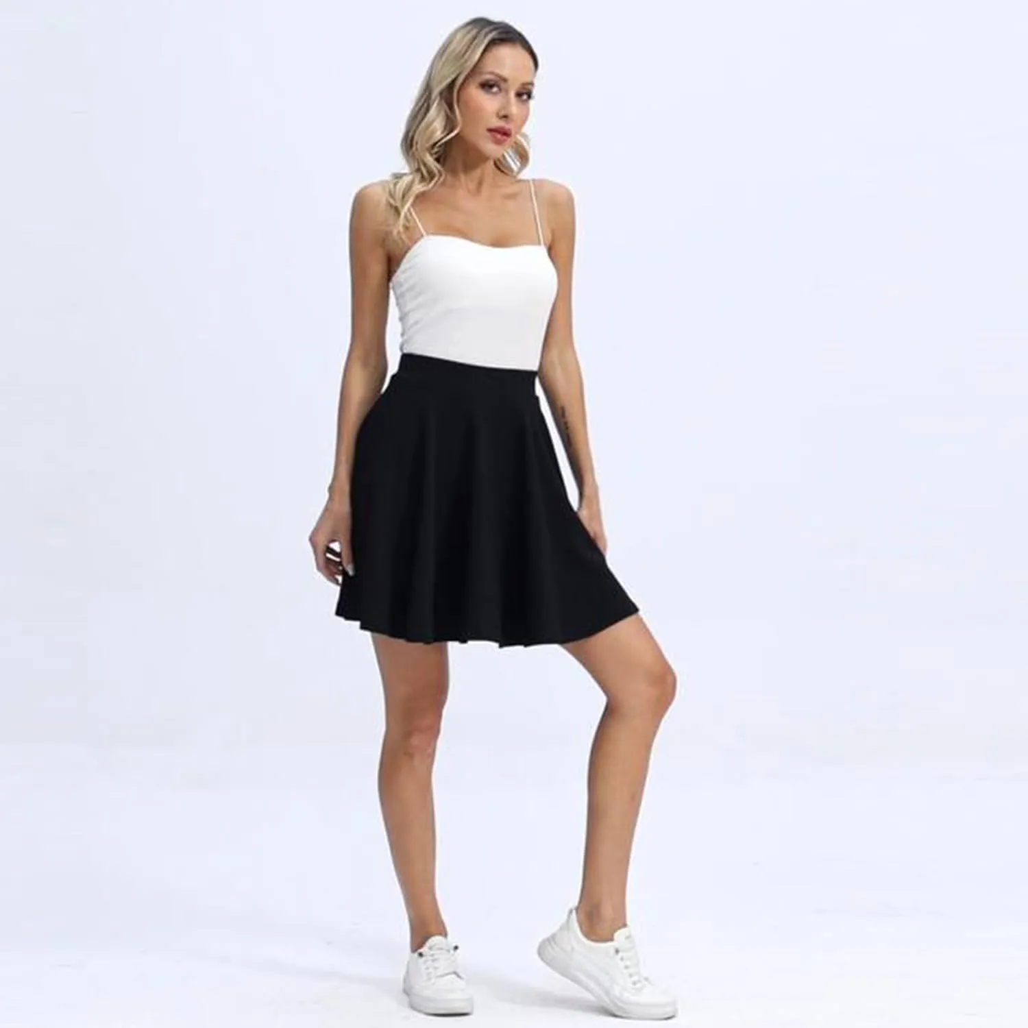 Women's Casual Basic Skirts Mini Flared Skater Stretchy A-Line Party Skirts with Shorts