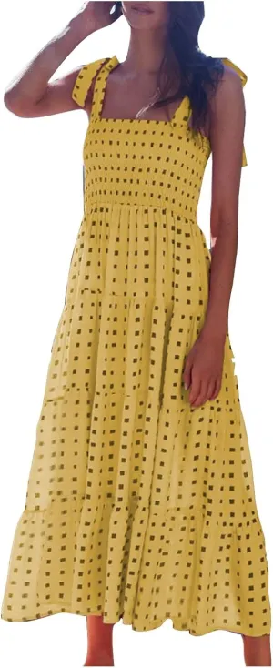Womens Casual Dress Tie Spaghetti Strap High Waist Ruffled Sundress Boho Sleeveless Long Flowy Beach Dress