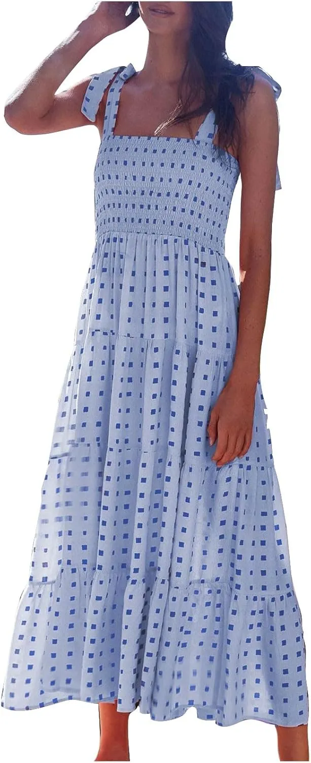 Womens Casual Dress Tie Spaghetti Strap High Waist Ruffled Sundress Boho Sleeveless Long Flowy Beach Dress