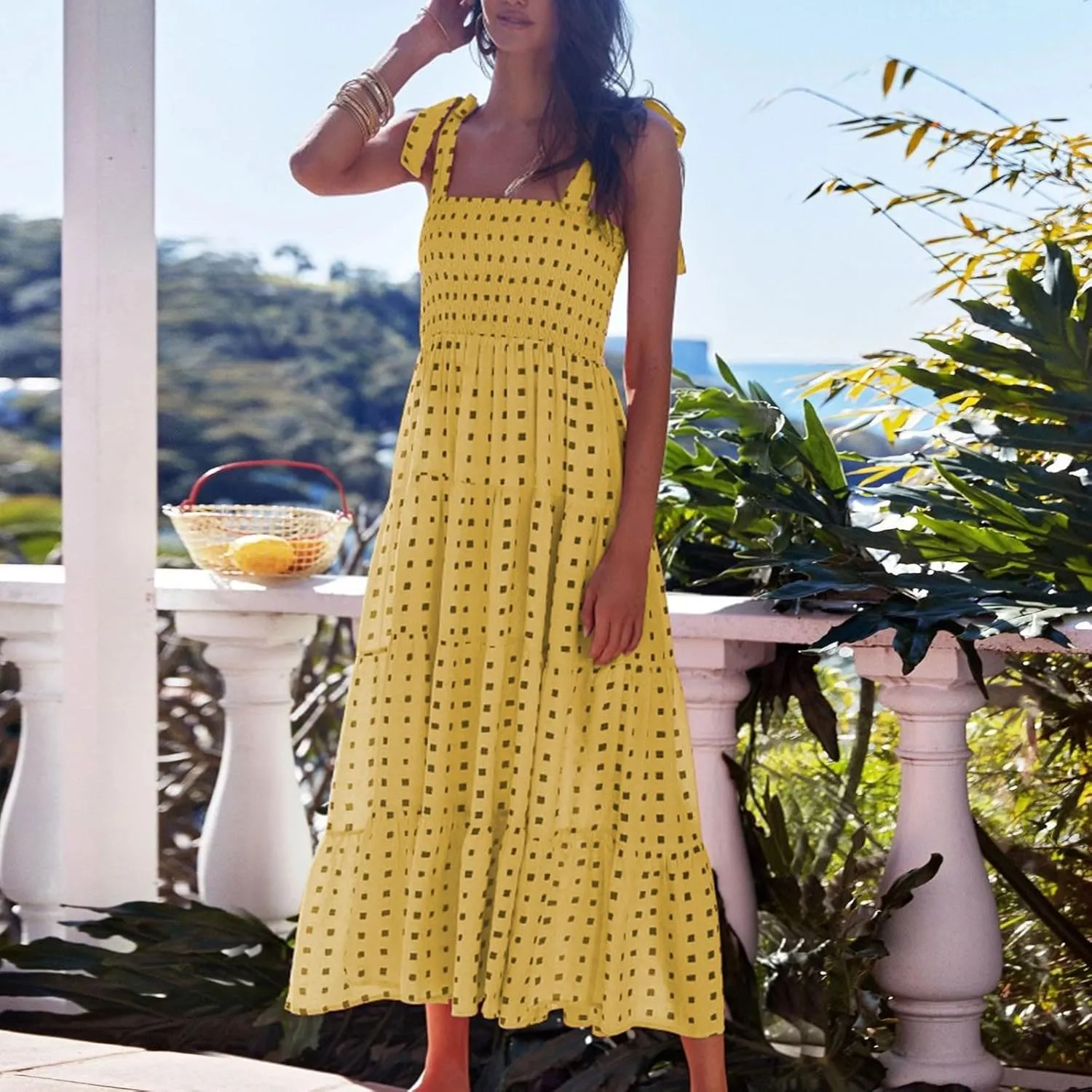 Womens Casual Dress Tie Spaghetti Strap High Waist Ruffled Sundress Boho Sleeveless Long Flowy Beach Dress