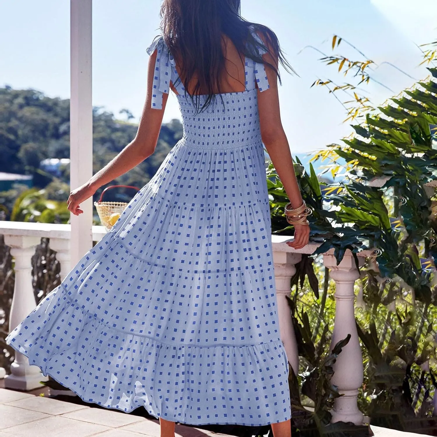 Womens Casual Dress Tie Spaghetti Strap High Waist Ruffled Sundress Boho Sleeveless Long Flowy Beach Dress