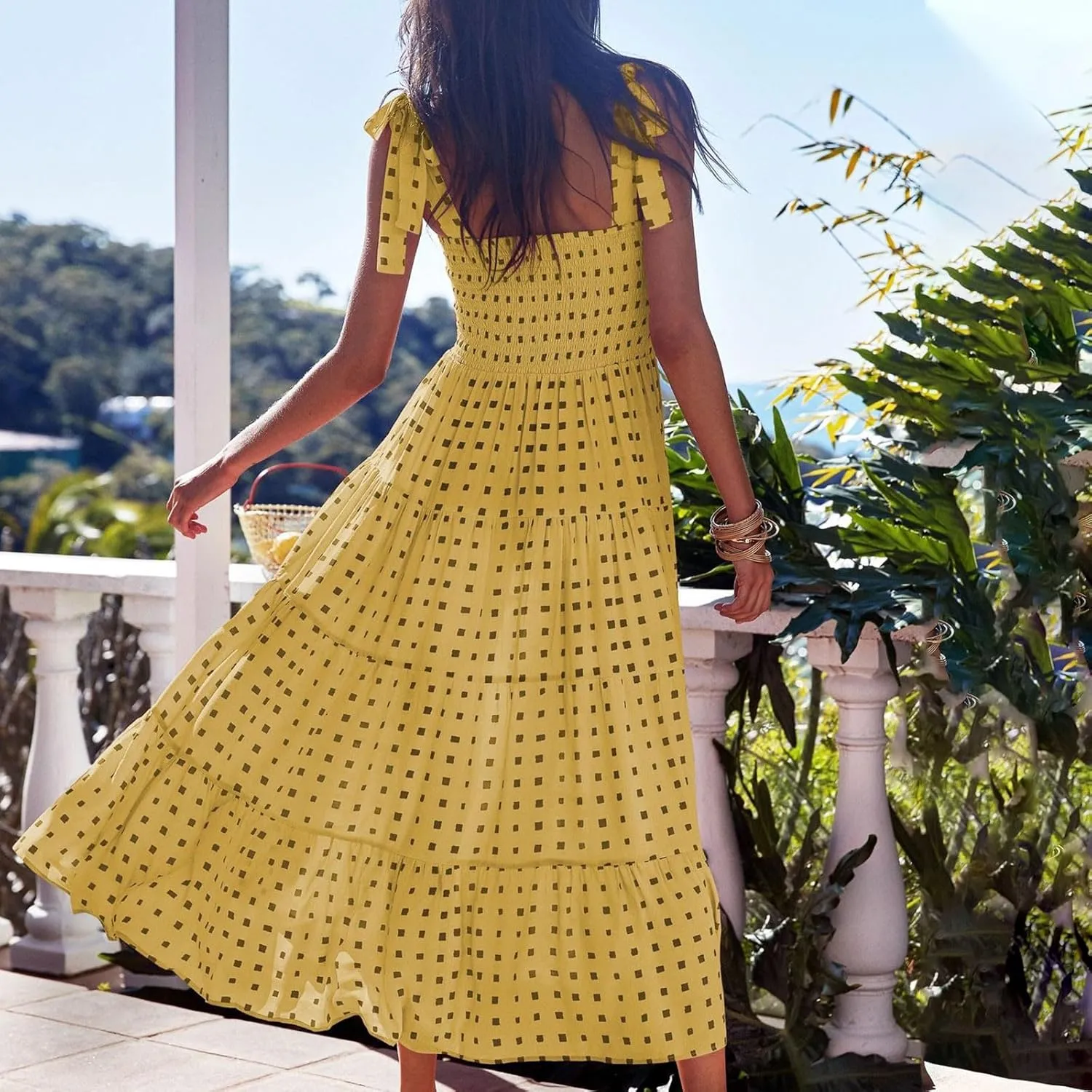 Womens Casual Dress Tie Spaghetti Strap High Waist Ruffled Sundress Boho Sleeveless Long Flowy Beach Dress