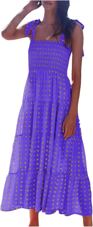Womens Casual Dress Tie Spaghetti Strap High Waist Ruffled Sundress Boho Sleeveless Long Flowy Beach Dress