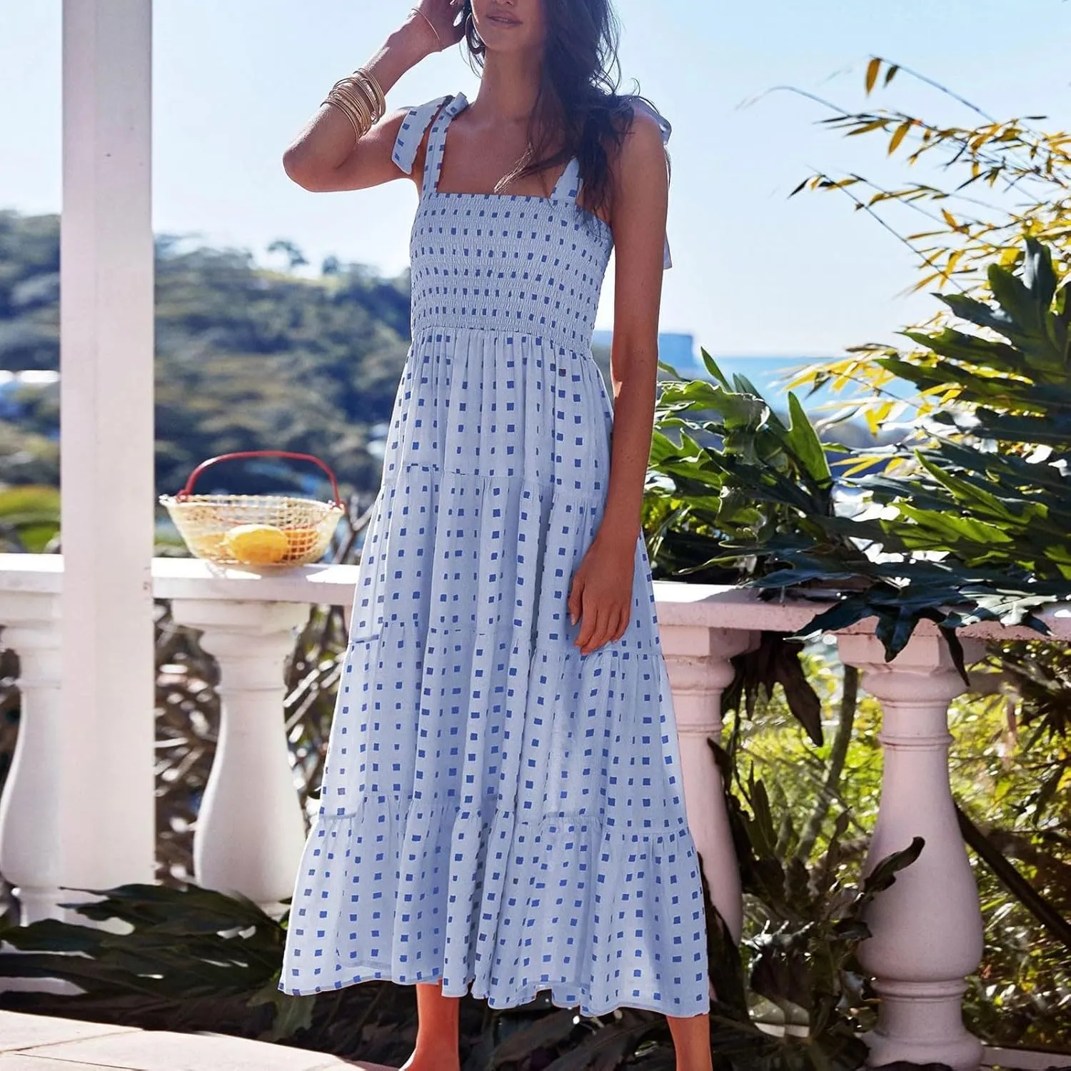 Womens Casual Dress Tie Spaghetti Strap High Waist Ruffled Sundress Boho Sleeveless Long Flowy Beach Dress