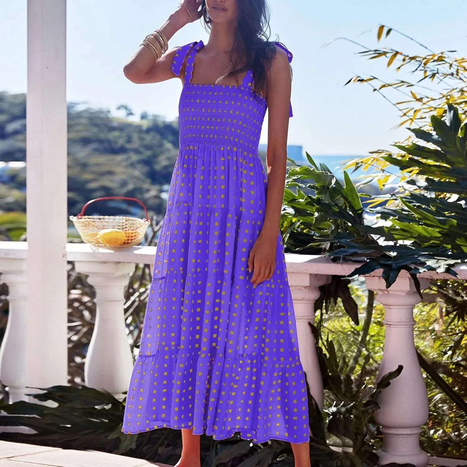 Womens Casual Dress Tie Spaghetti Strap High Waist Ruffled Sundress Boho Sleeveless Long Flowy Beach Dress