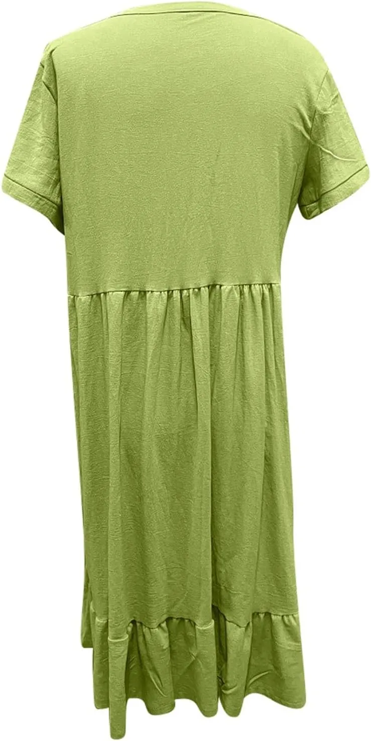 Women's Casual Dresses Trendy Flowy Ruffle Hem Tiered Ruffle Short Sleeve V Neck Pastel Dress Wedding Plus Size Sundresses